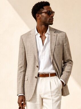 Stafford Windowpane Wool Blazer Quiet Luxury Coolmax Size 46R US